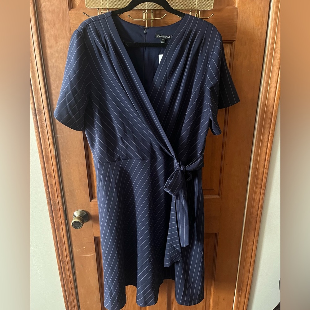 Blue pinstriped faux wrap dress
